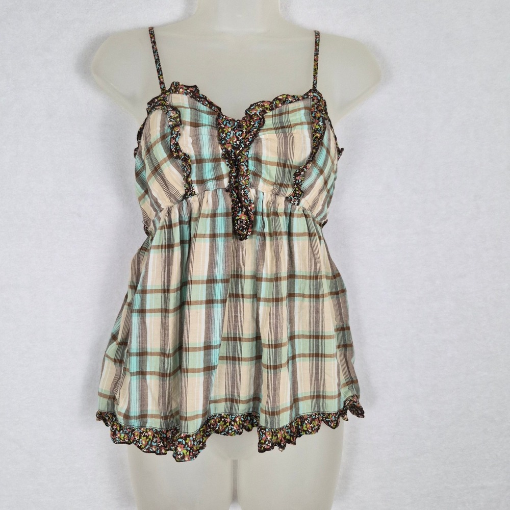 Mossimo Supply y2k 90s Plaid Floral Ruffle Cami Top Mint Brown Small Babydoll